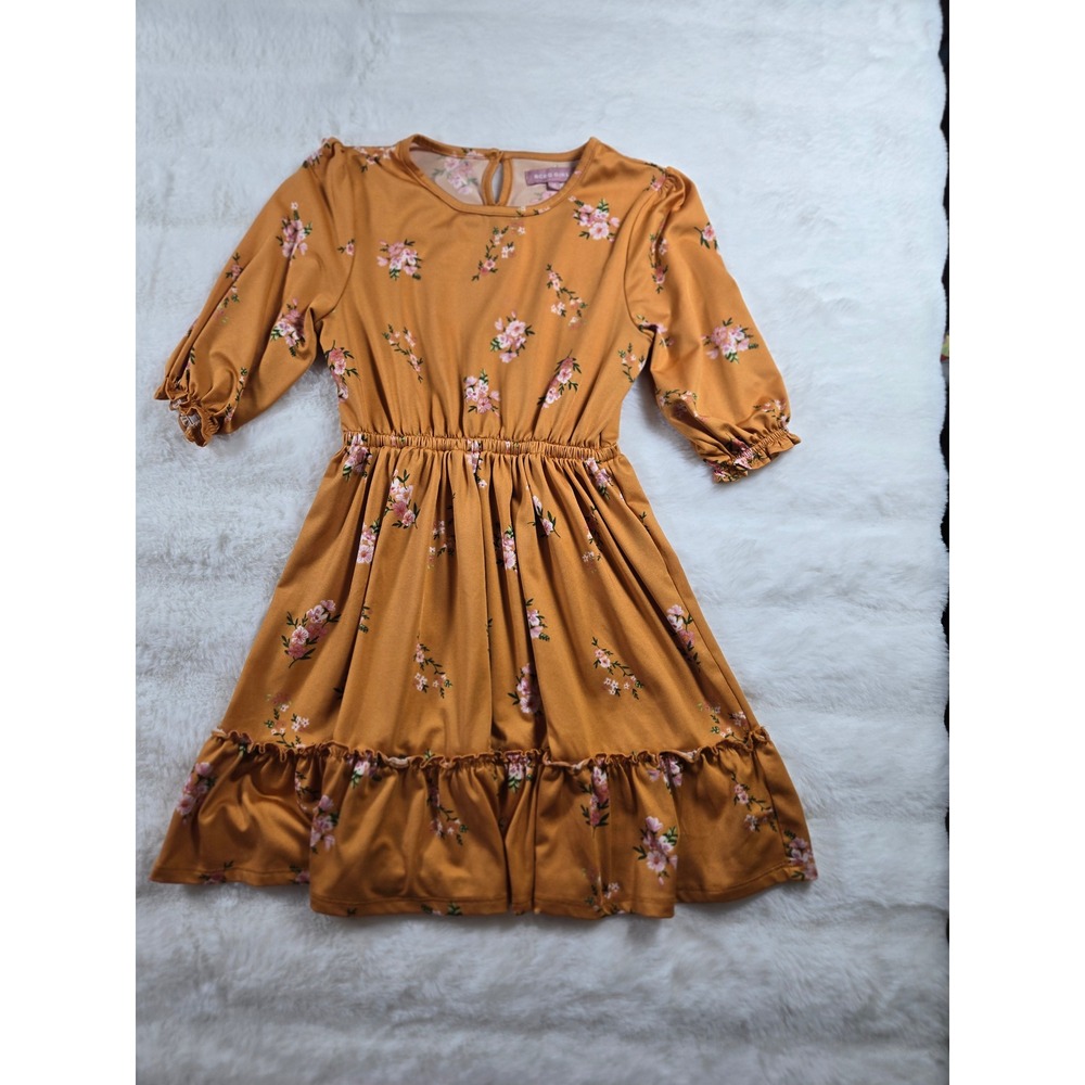 BCBG Girls Mustard Yellow Floral Ruffle Hem Dress Size 10 3/4 Sleeve